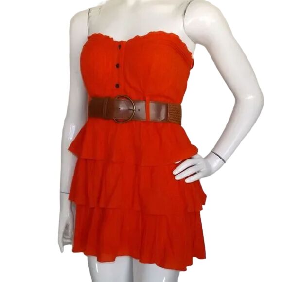 new 2B BEBE Mini Dress, S, Orange, Belt, Strapless, Ruffle/Tier Skirt, Side Zip - Picture 4 of 15